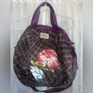Vintage Ed Hardy Handbag Purse Rhinestone Flower Beaded Large Boho Y2k Shoulder